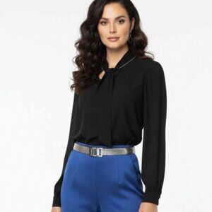 Cable & Gauge Black Tie Neck Evening Blouse Long Sleeve Jewel Button Cuff Sz L